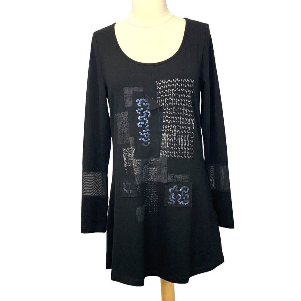 Jane & John Long Slv Black Tunic Viscose Artsy Mixed Fabric Sequin Mesh Size S